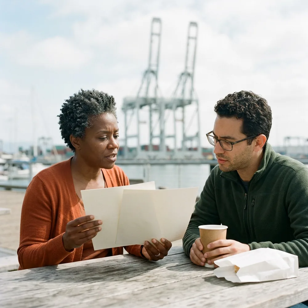 HR payroll lead in a rust cardigan explains two blank printed pages to an IT manager in a green fleece at a weathered waterfront table in Oakland, harbor cranes behind them