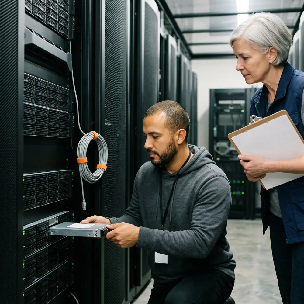 Contract systems administrator in a grey hoodie kneels in a cold aisle sliding a drive into a server while a facilities manager in a navy vest holds a clipboard in a Santa Clara colocation hall