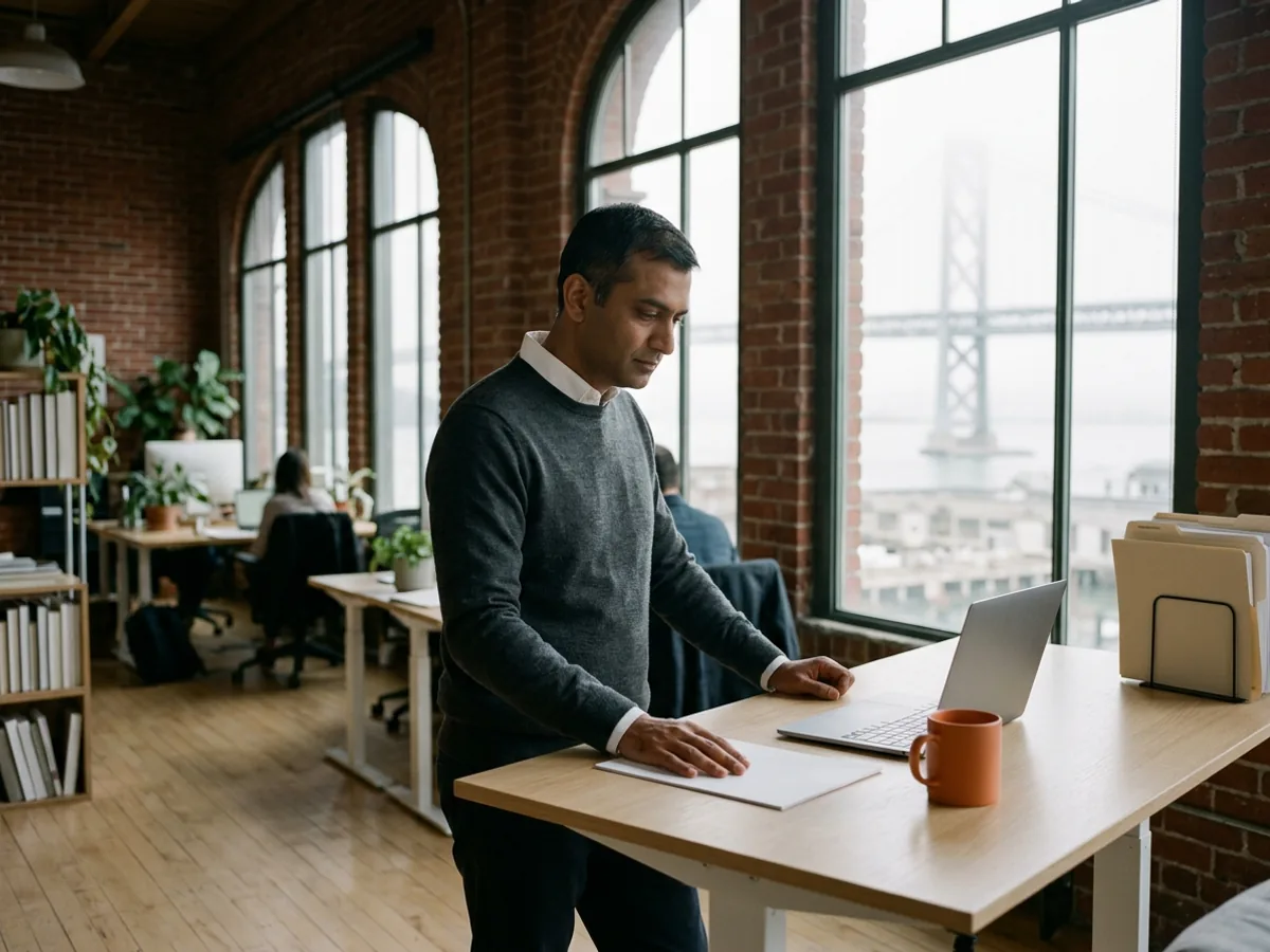 Engineering director in a charcoal sweater stands at a pale oak standing desk in a brick South of Market office, laptop and orange mug beside him, Bay Bridge in fog through arched windows
