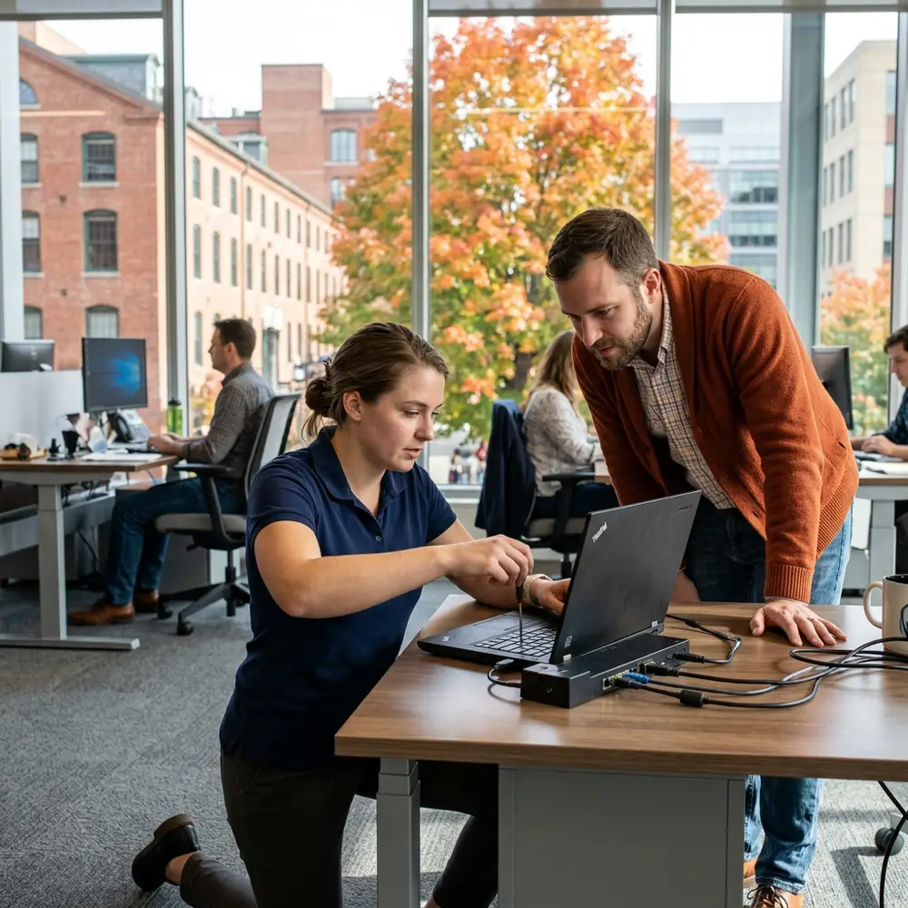 Contract help desk technician in a navy polo kneels at an open laptop docking station in a sunlit Kendall Square Boston office while a coworker in a burnt orange cardigan watches, autumn maple leaves visible through the window