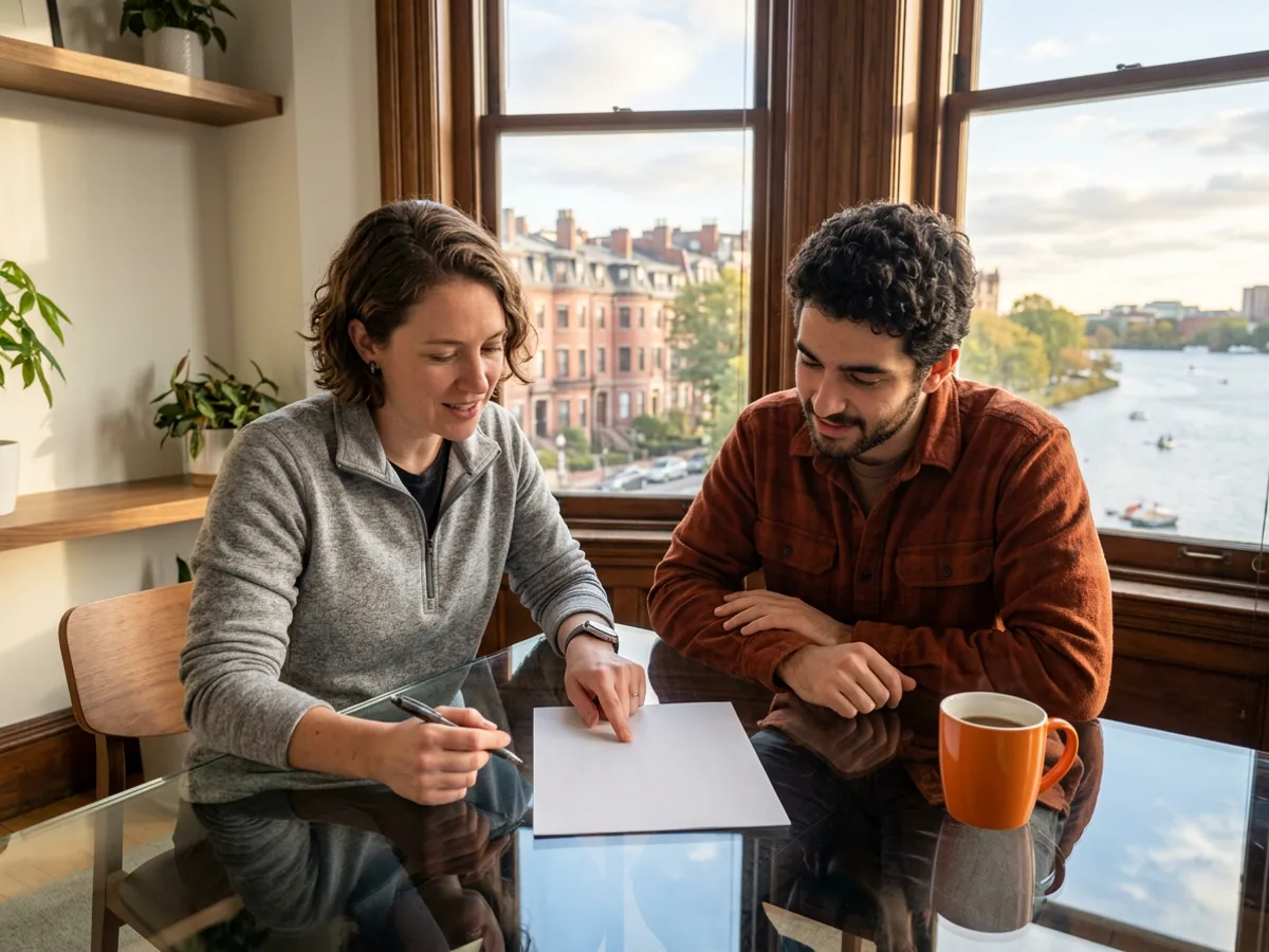 IT project manager in a heather grey quarter-zip and a software engineer in a rust orange flannel shirt review a blank printed page at a glass table in a bright Back Bay Boston office, brownstone windows and the Charles River behind them