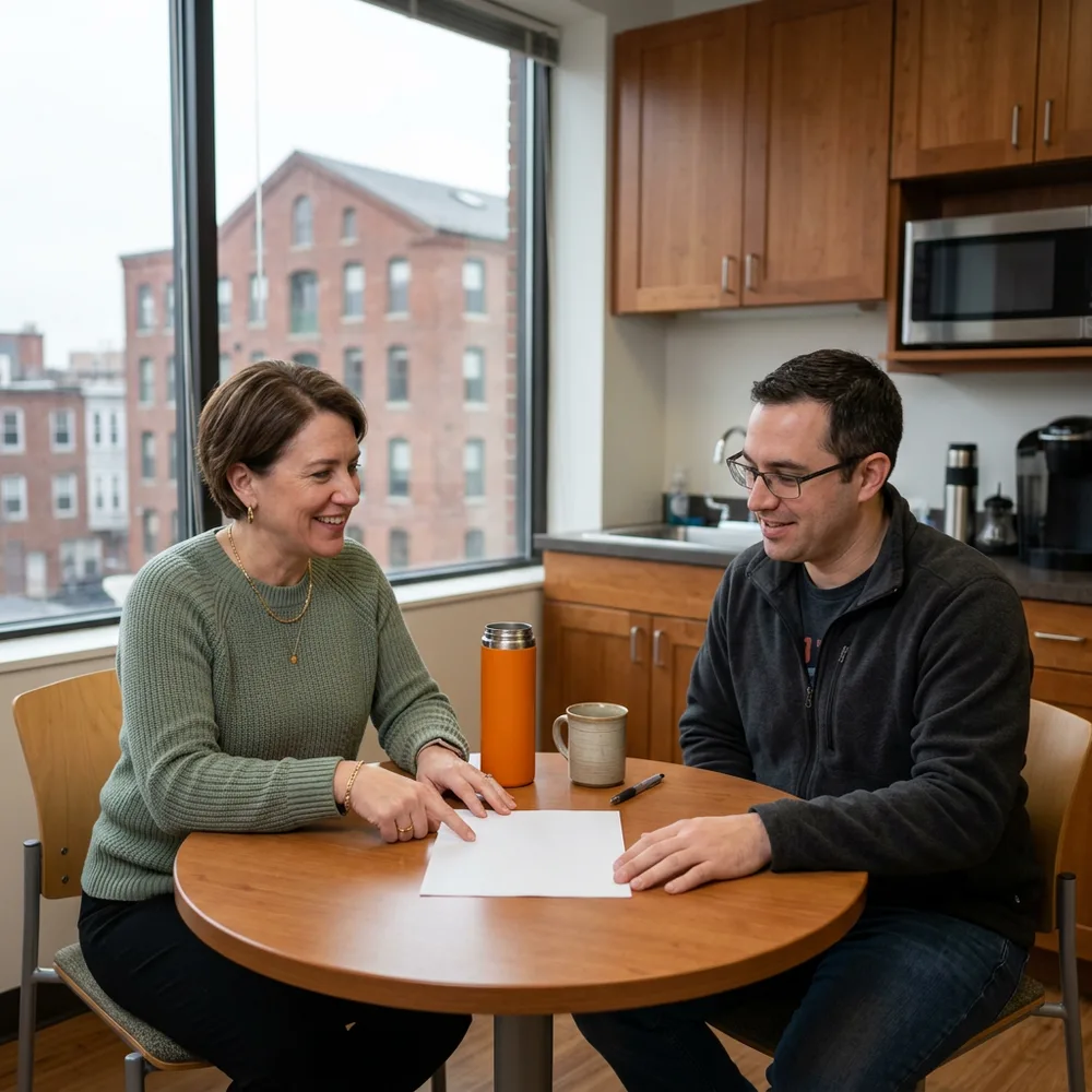 HR payroll lead in a sage green sweater points to a blank printed page for a contract network engineer in a charcoal fleece at a table in a Boston office kitchenette, a red brick mill building visible through the window