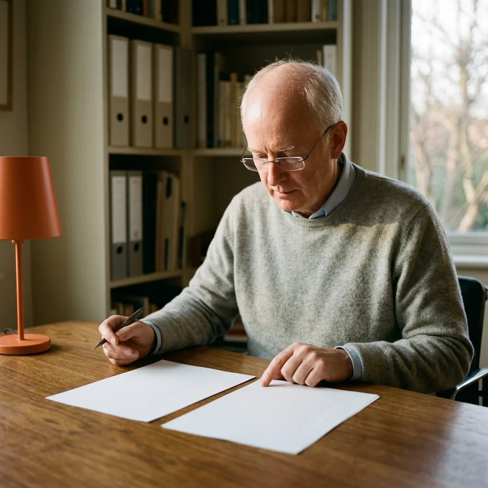 Finance manager at a walnut desk reading two printed staffing quotes laid side by side, a pen in hand and an orange desk lamp beside him