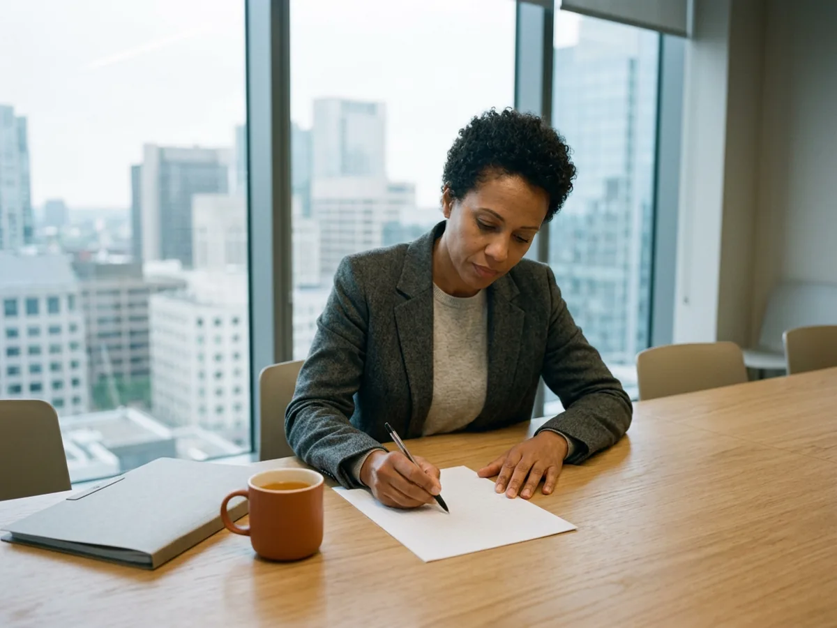 IT director at a conference table comparing rows on a printed rate sheet, a pen in hand and a city skyline through the window behind her