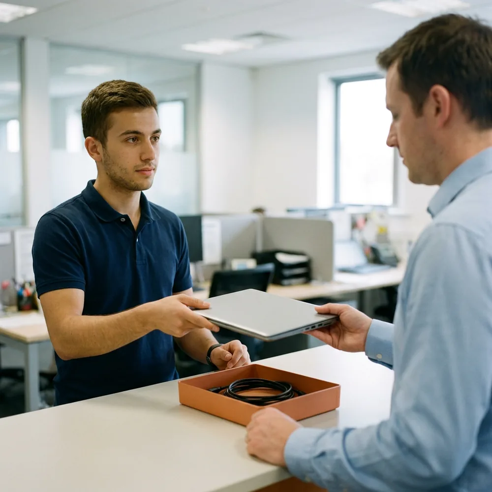 Help desk technician at a walk-up IT counter in a bright regional office handing a closed laptop back to an employee