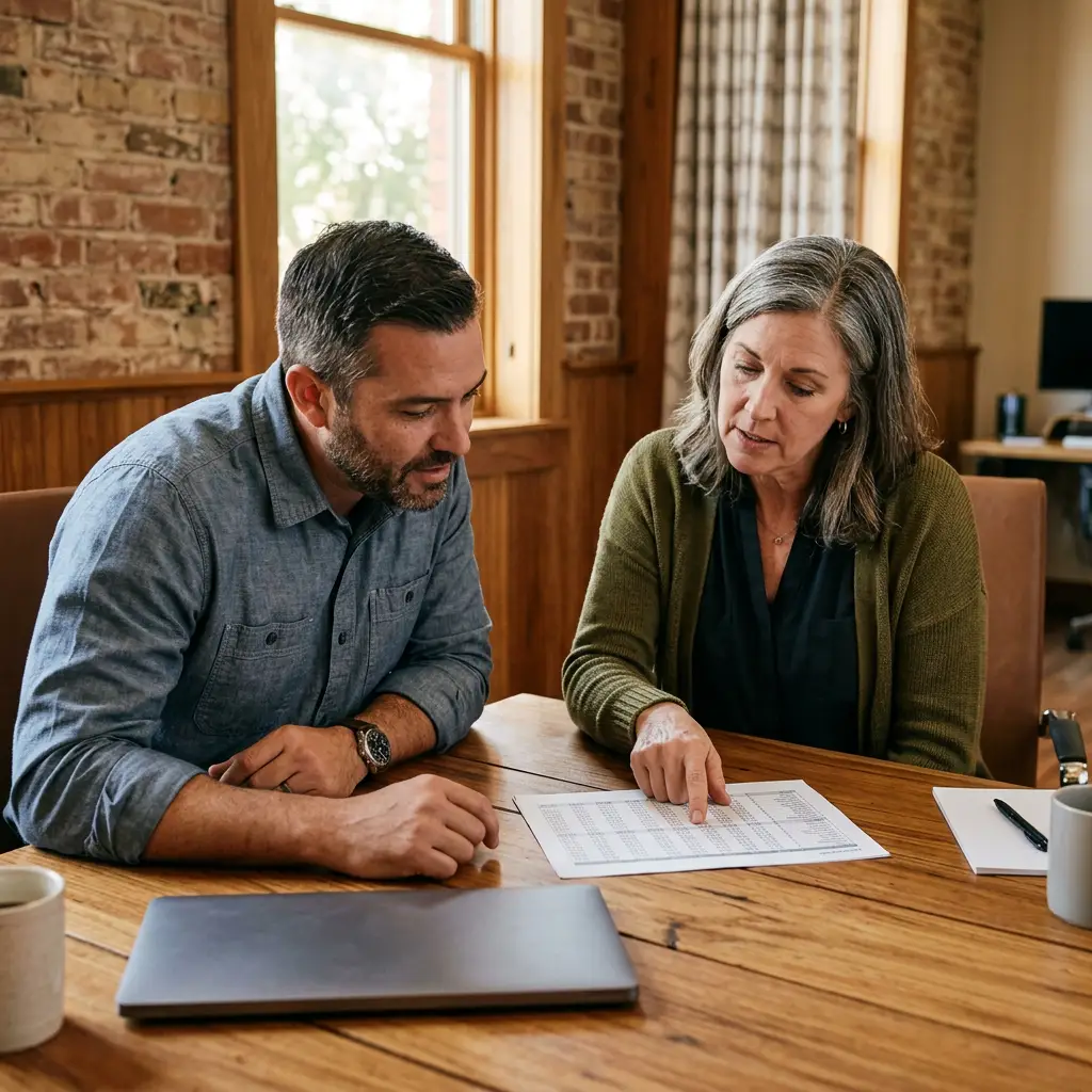 Payroll manager in an olive cardigan points at a printed page while an IT manager in a chambray shirt leans in to read, at a mesquite-wood table in a Fort Worth office near the Stockyards