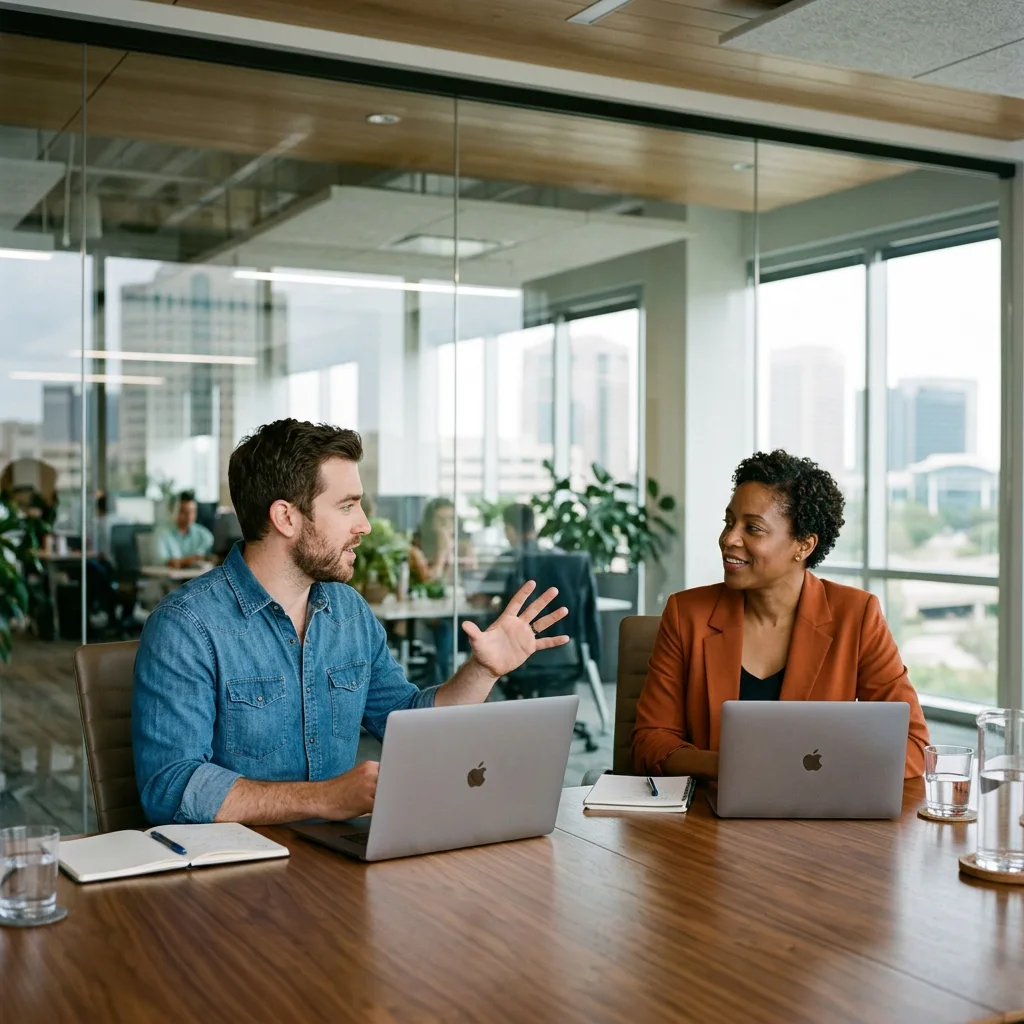 Contract software engineer in a denim shirt explains a point to his engineering manager in a rust-colored blazer across a walnut table in a glass meeting room in Las Colinas