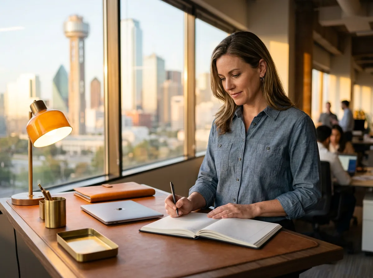 IT director in a chambray shirt reviews a bound ledger at a leather-topped desk in a Dallas office, orange desk lamp beside her laptop, downtown skyline through the window