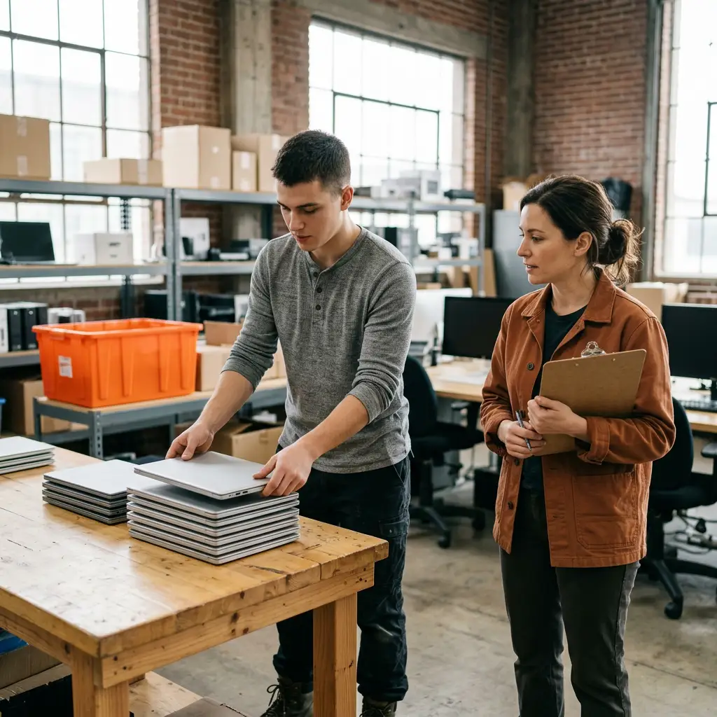 Contract help desk technician in a grey henley stacks closed laptops on a pine build bench while the desktop support lead in a rust work jacket holds a clipboard, in a Frisco office warehouse bay