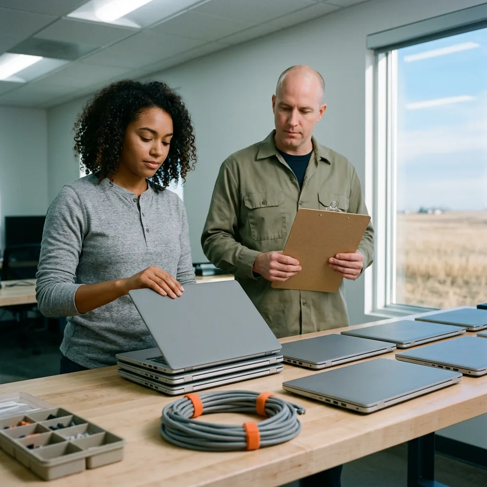 Contract help desk technician in a grey henley closes a laptop and adds it to a stack on a long maple bench while the desktop support lead in an olive work shirt holds a clipboard, in an Aurora office build room