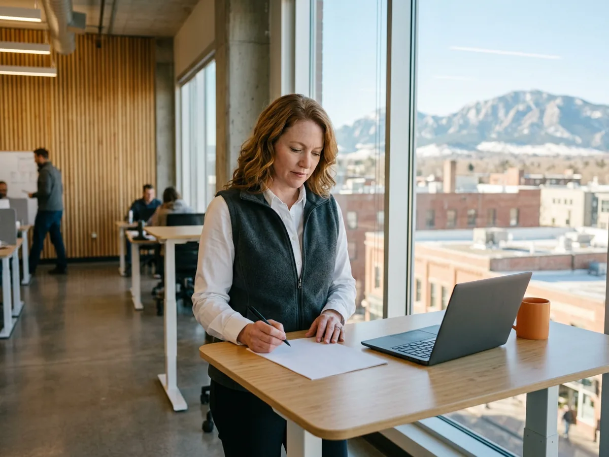 IT director in a charcoal fleece vest reads a printed page beside a laptop at a standing desk in a downtown Denver office, orange mug nearby, snow-dusted Rocky Mountains through the window