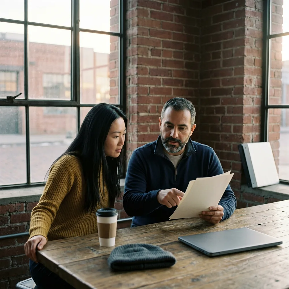Payroll manager in a navy quarter-zip holds a printed page while an IT manager in a mustard wool sweater leans in to read it, at a reclaimed-wood table in a brick office in Denver's LoDo district