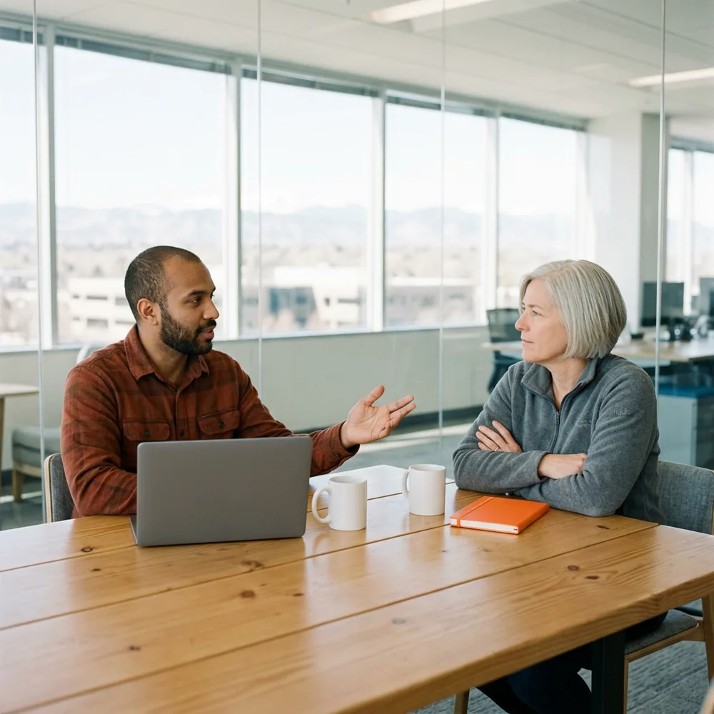 Contract software engineer in a rust flannel shirt explains a point with one open hand to his engineering manager in a grey fleece across a pine table in a glass meeting room in the Denver Tech Center