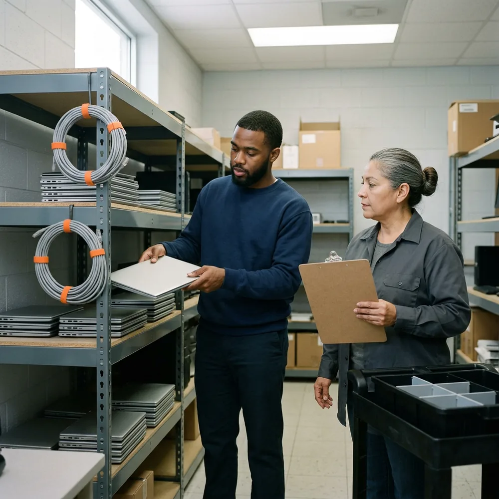 Contract help desk technician in a navy sweatshirt lifts a closed laptop onto a stack while the desktop support lead in a charcoal work shirt holds a clipboard, beside steel shelving in a Clear Lake IT depot