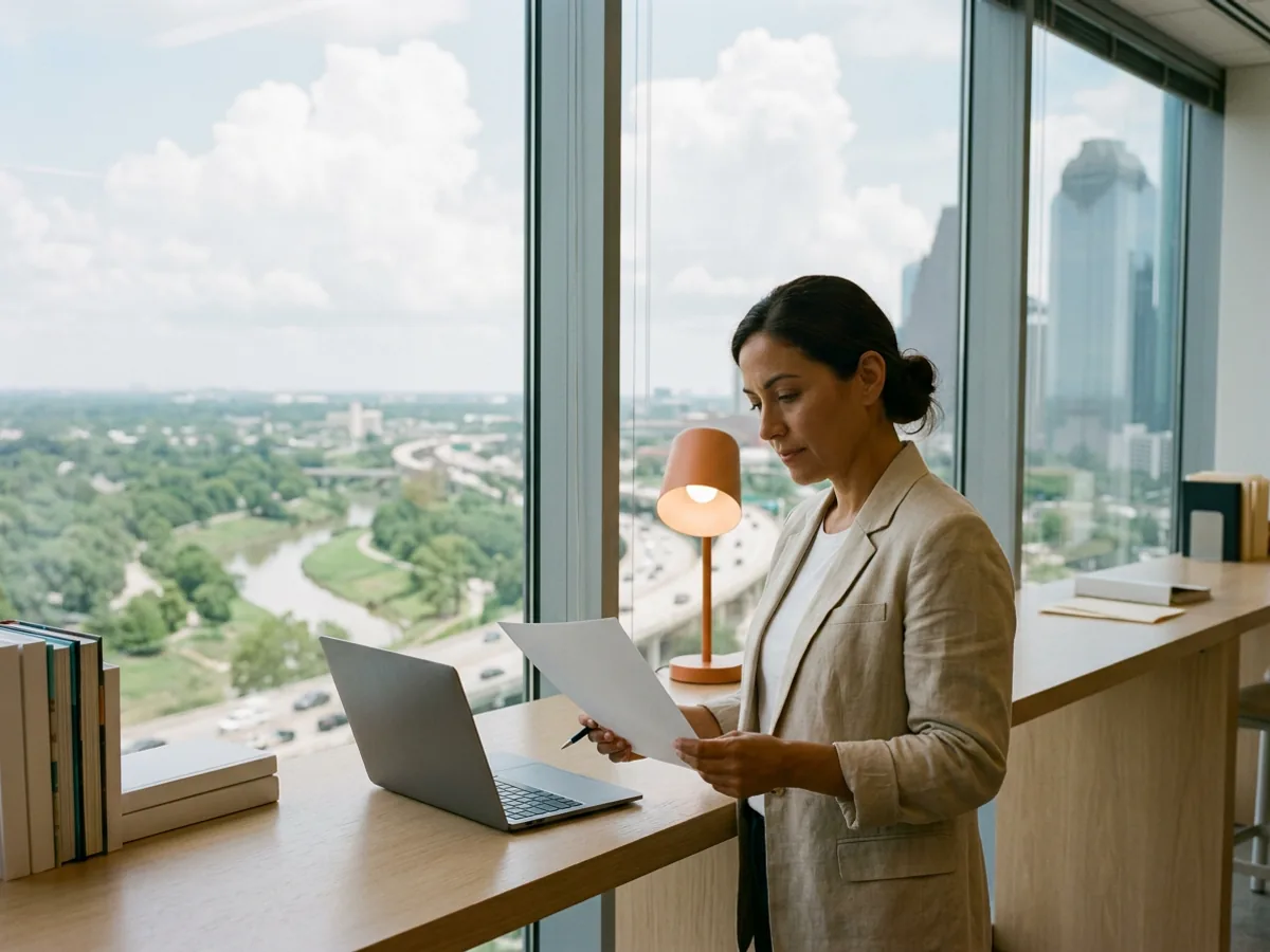 IT director in a sand linen blazer reads a blank page at a pale oak counter in a downtown Houston tower, orange desk lamp beside her laptop, Buffalo Bayou and thunderheads through the window