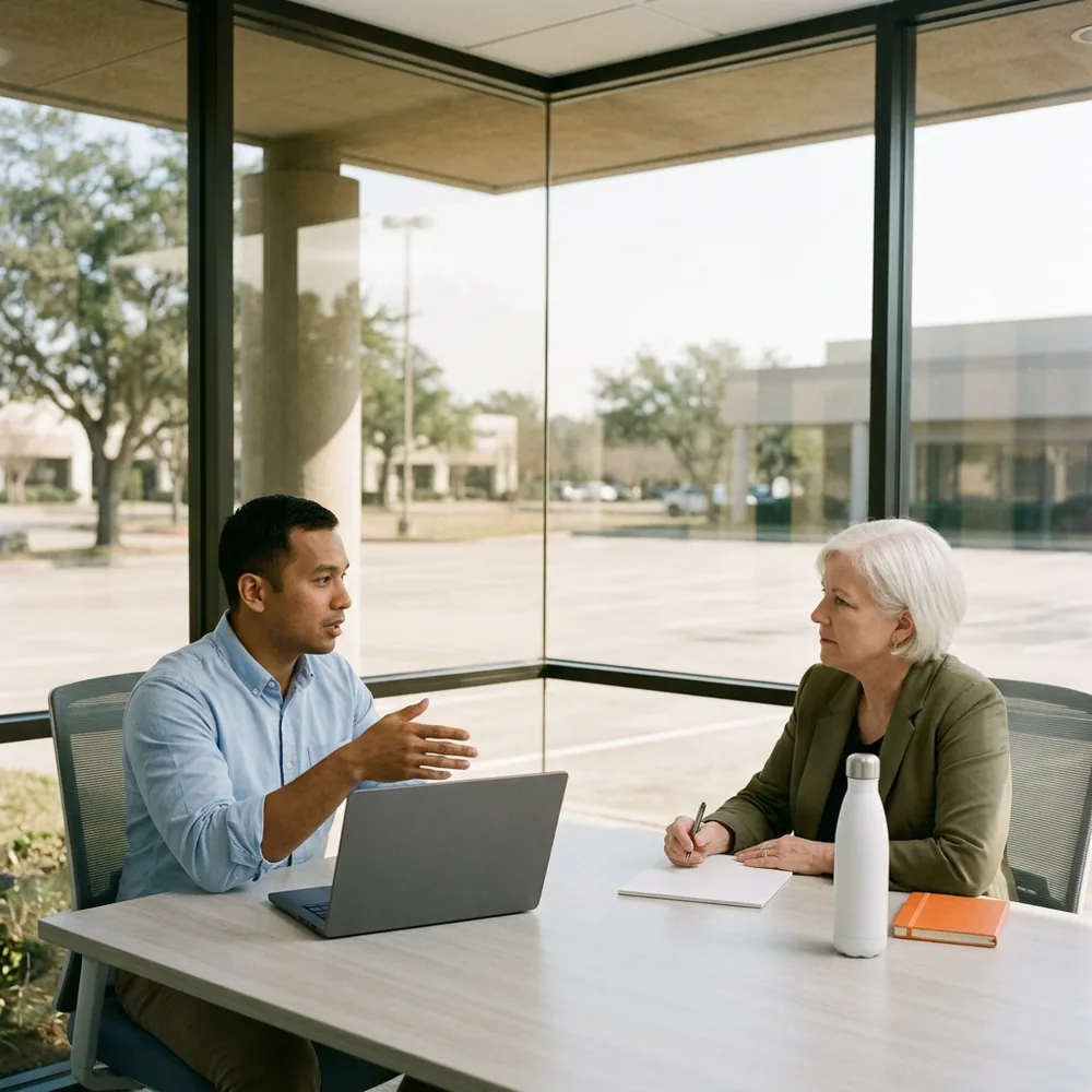Contract software engineer in a light blue oxford shirt explains a point to his engineering manager in an olive blazer across an ash table in a glass huddle room in the Energy Corridor along the Katy Freeway
