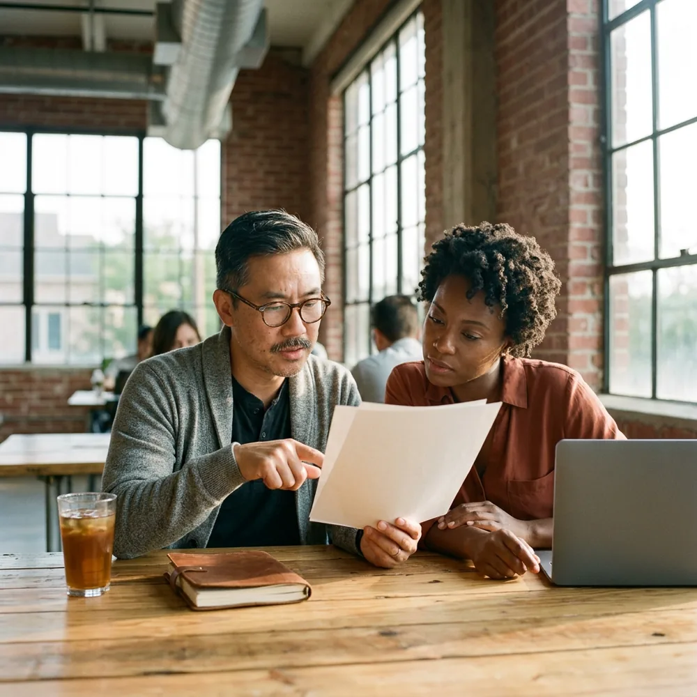Payroll manager in a grey cardigan points at a blank printed page while an IT manager in a rust blouse leans in to read, at a reclaimed pine table in a brick warehouse office in Montrose, Houston