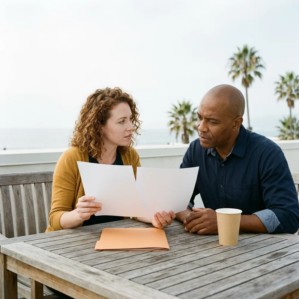HR payroll lead in a mustard cardigan explains two printed pages to an IT manager in a navy shirt at a teak table on a Santa Monica rooftop, palm trees and Pacific haze behind them