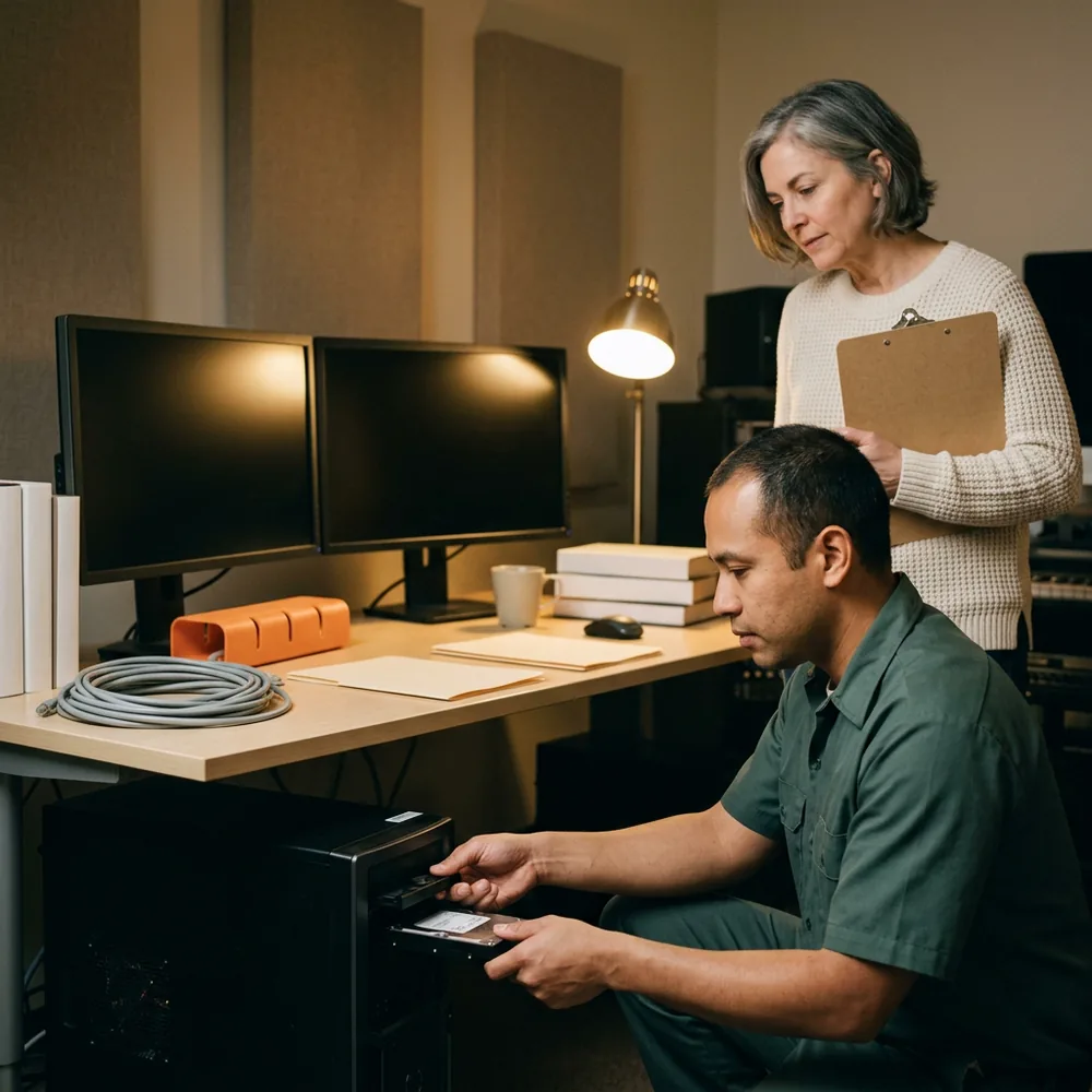 Contract desktop support technician in a green work shirt slides a drive into a workstation tower in a dim Burbank edit suite while a coworker in a cream sweater holds a clipboard