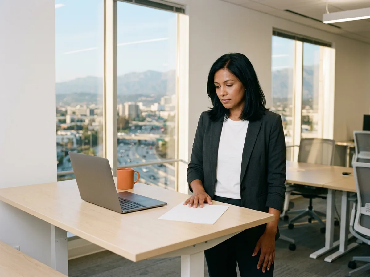 IT director in a charcoal blazer reads a blank printed page at a pale wood standing desk in a downtown Los Angeles office, laptop and orange mug beside her, freeway and San Gabriel mountains through the windows
