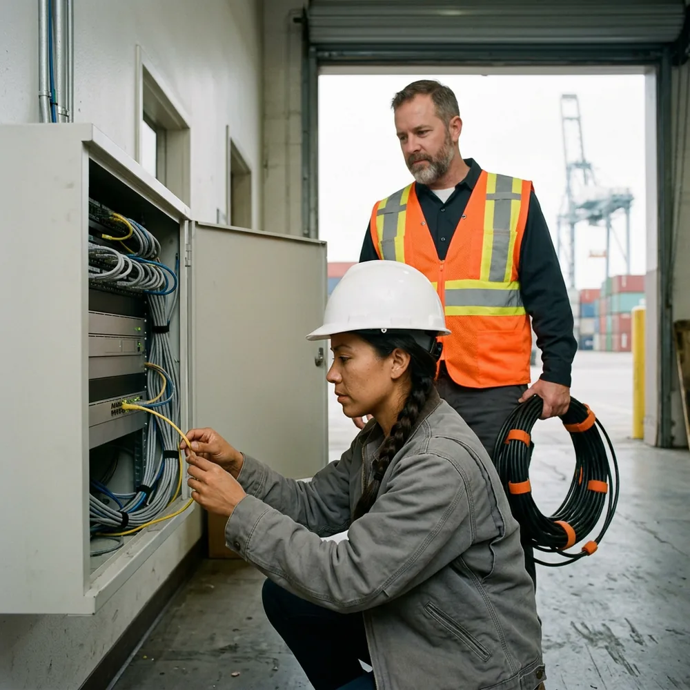 Contract network engineer in a white hard hat traces a yellow patch cable in a wall cabinet while a warehouse supervisor in a high-visibility vest holds a cable coil by a Long Beach port roll-up door with a container crane outside