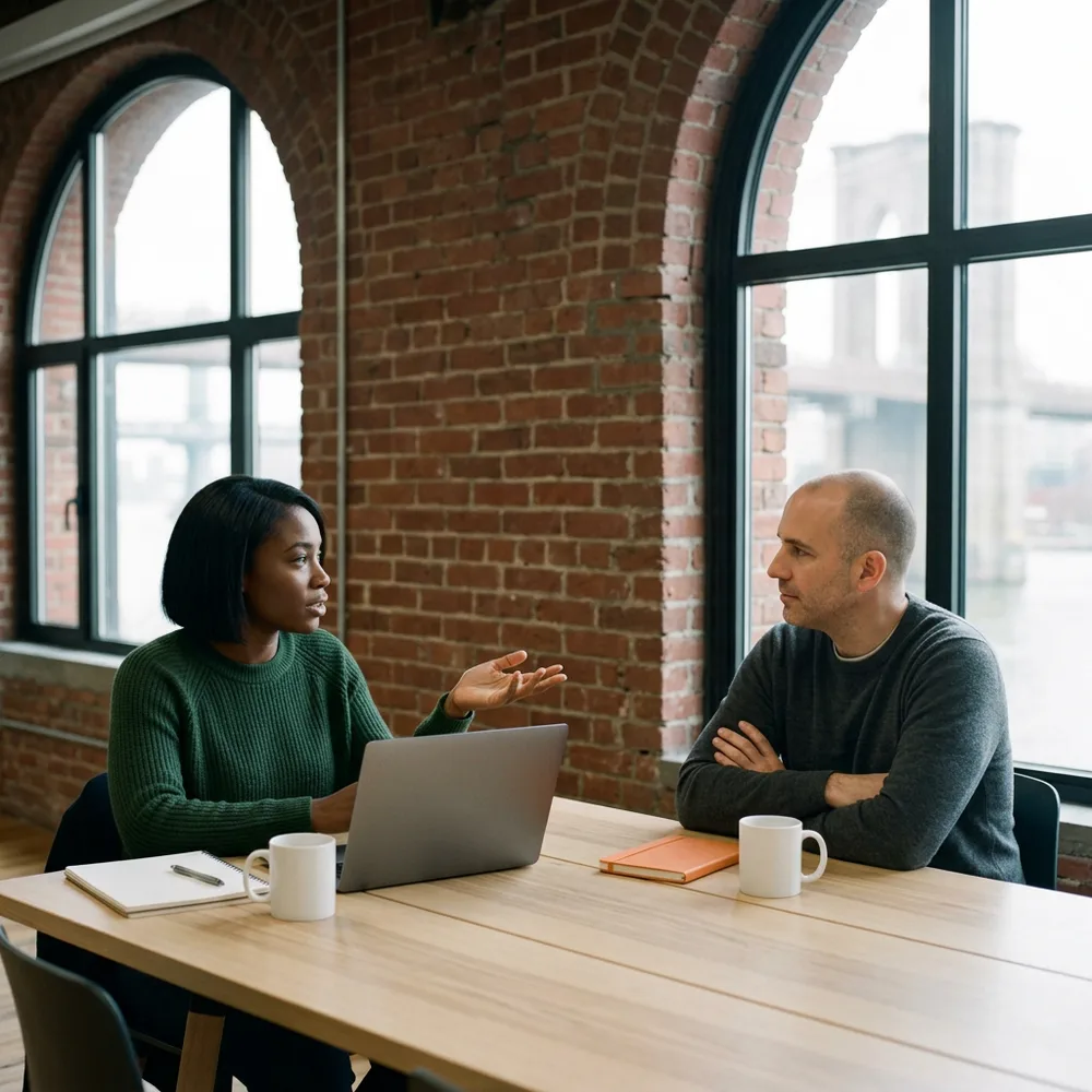Contract software engineer in a forest-green sweater explains a point with one open hand to her engineering manager in a charcoal crewneck across an ash table in a DUMBO brick loft, a bridge over the East River through an arched window