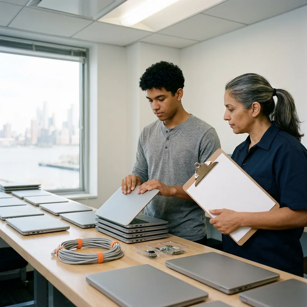 Contract help desk technician in a grey henley closes a laptop and adds it to a stack on a long maple bench while the desktop support lead in a navy work shirt holds a clipboard, in a Jersey City build room with the Lower Manhattan skyline across the Hudson