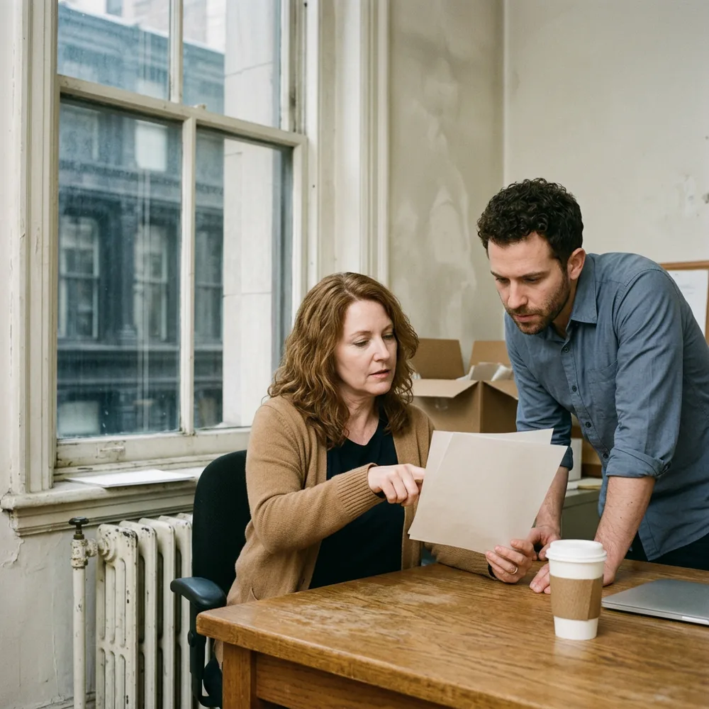 Payroll manager in a camel cardigan holds a printed page while an IT manager in a slate-blue shirt leans in to read it, at an oak table beside a cast-iron radiator in a pre-war Lower Manhattan office