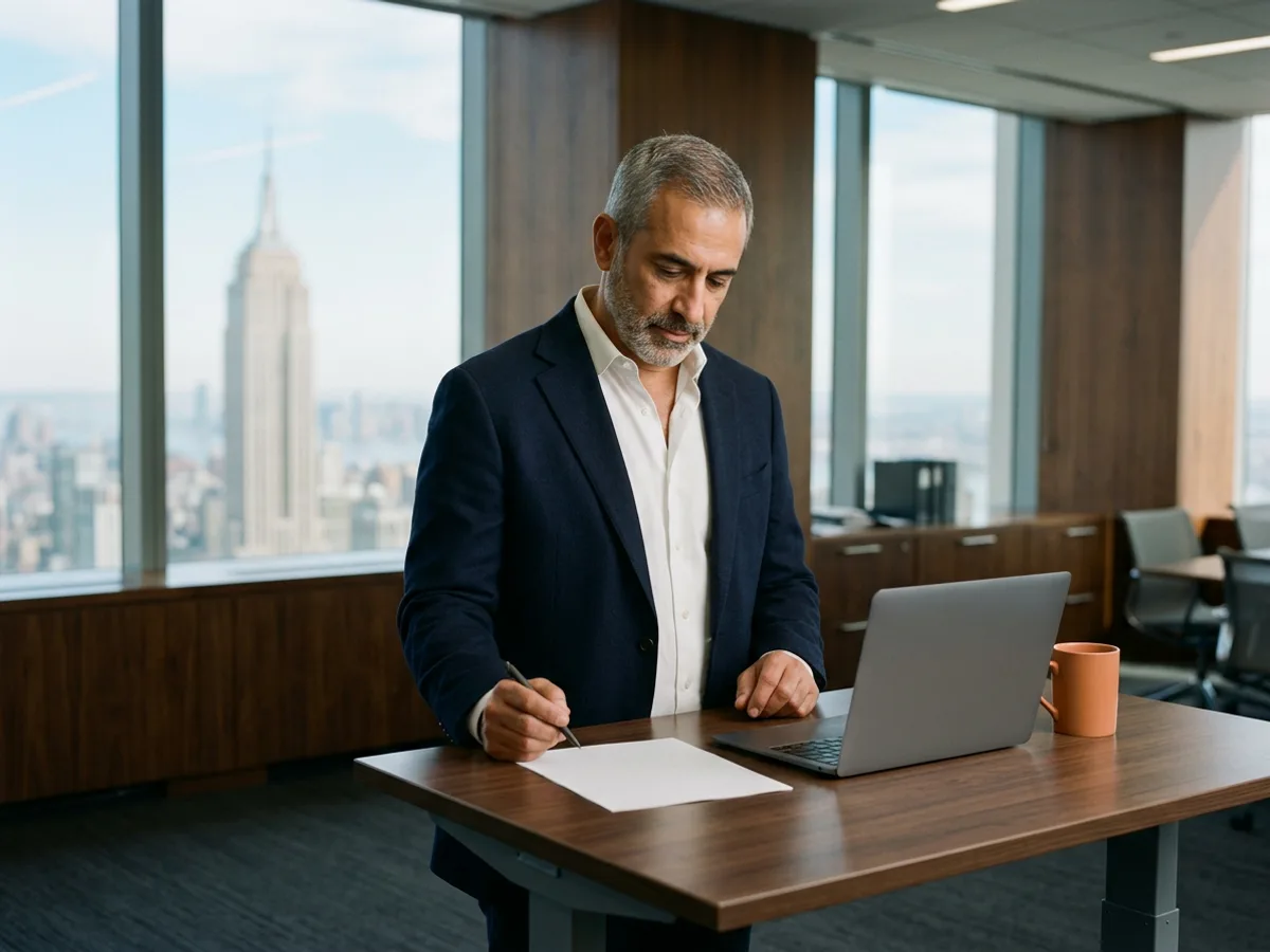 IT director in a navy blazer reads a printed page beside a laptop at a standing desk in a Midtown Manhattan office, orange mug nearby, the Empire State Building through the window