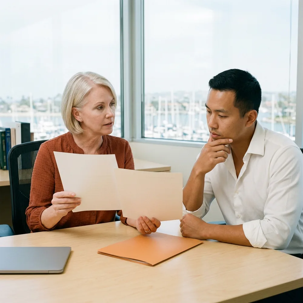 Payroll manager in a rust blouse explains two printed pages to an IT director in a white shirt at a window desk in a Newport Beach office, harbor sailboat masts outside