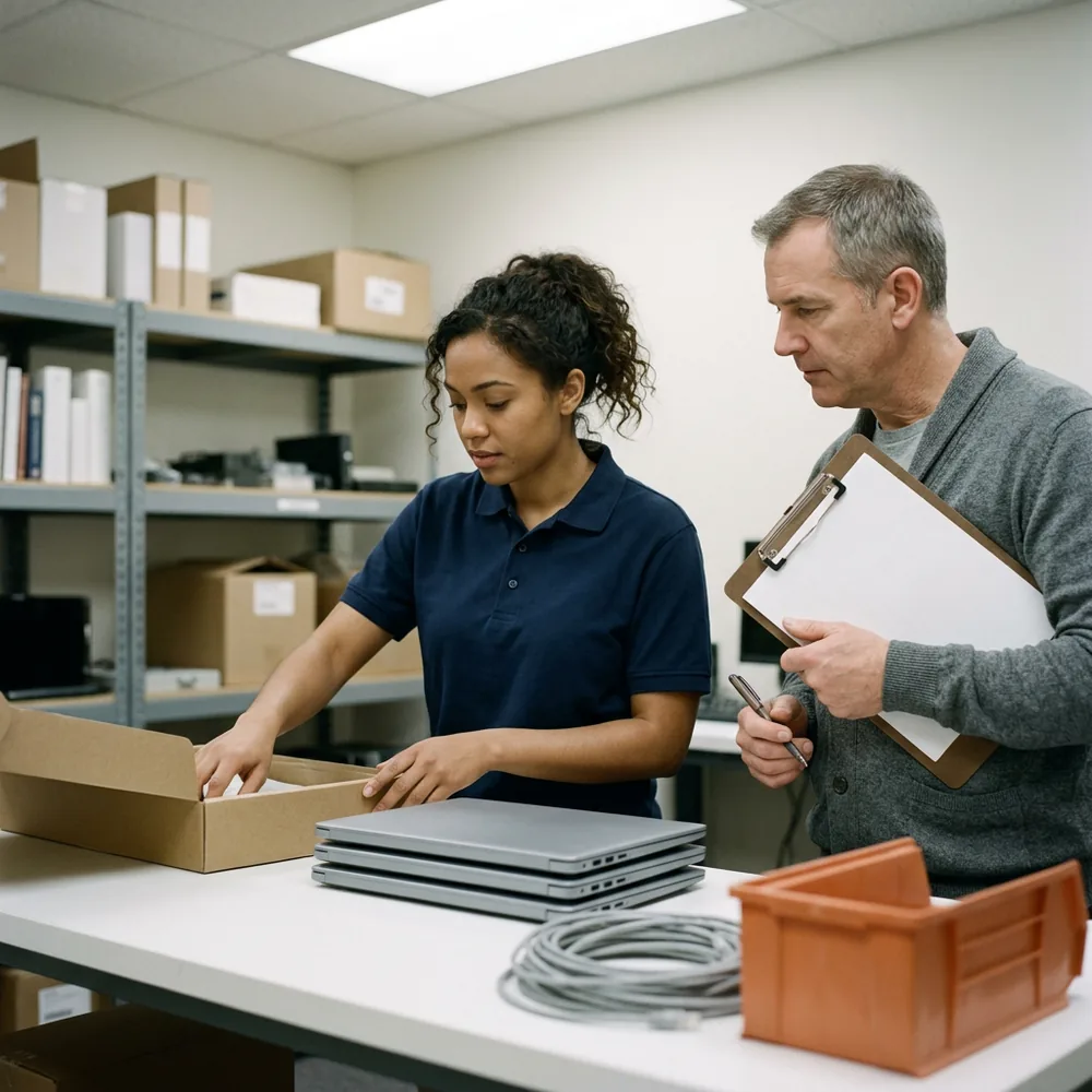 Contract desktop support technician in a navy polo unboxes new laptops on an IT workbench in a Costa Mesa office while a coworker in a gray cardigan tracks the count on a clipboard