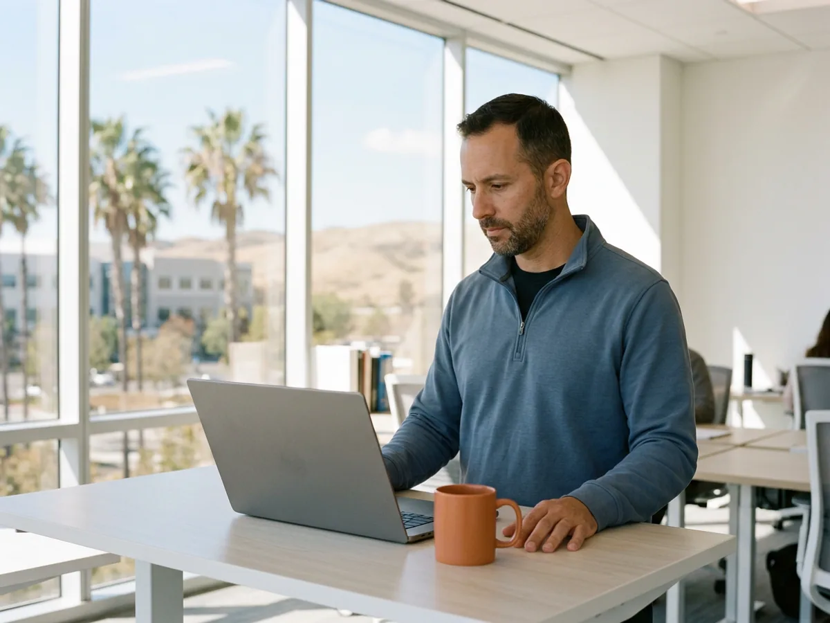 IT manager in a blue quarter-zip reviews contractor costs on a laptop at a standing desk in a bright Irvine office, palm trees and dry hills through the windows behind him, an orange mug beside the laptop