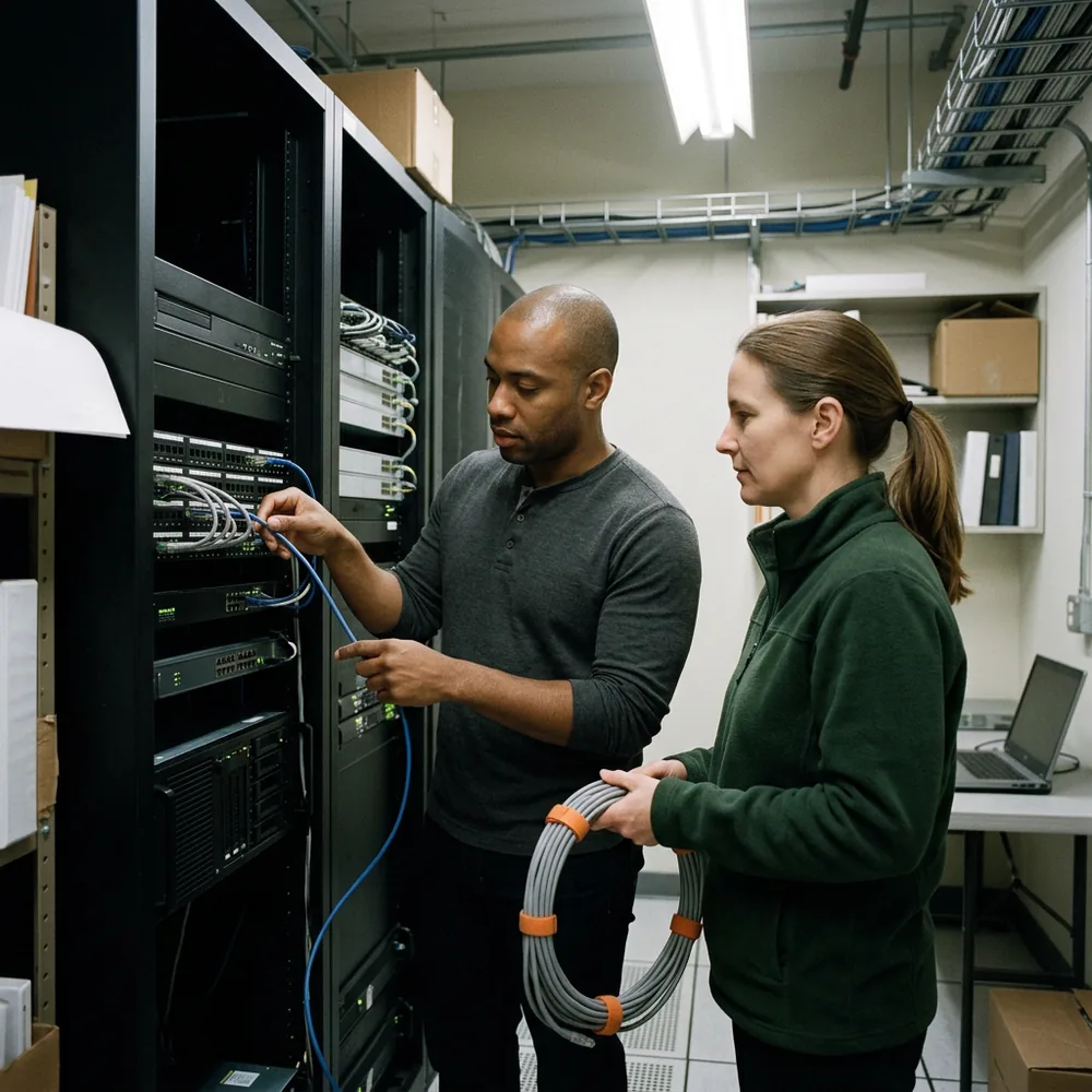 Systems administrator in a charcoal henley traces a blue patch cable in a server rack at a Santa Ana office while a contract network technician in a green fleece holds a coiled cable bundle wrapped in orange straps