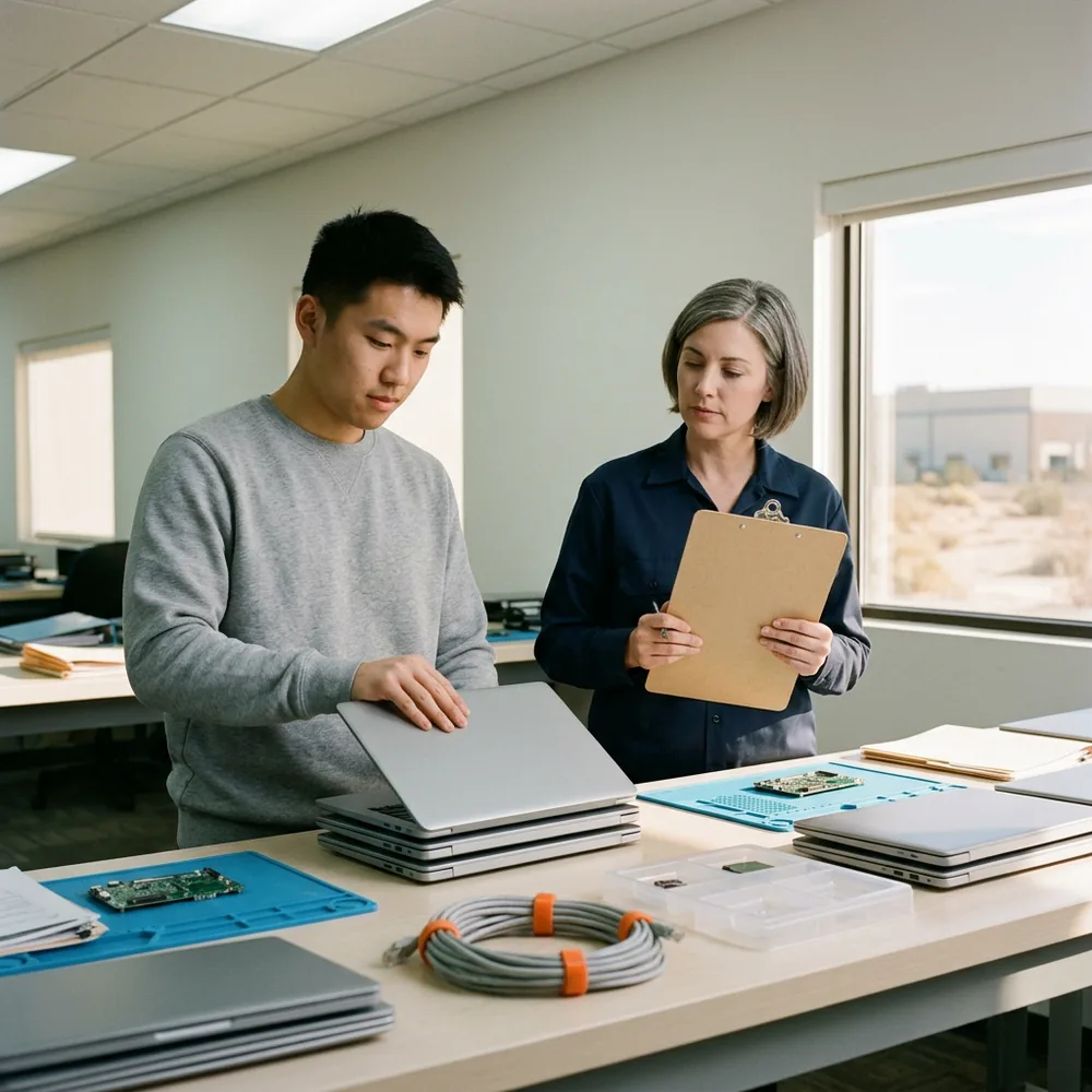 Contract QA test engineer in a grey sweatshirt stacks closed laptops on a test bench beside bare circuit boards while the test lead in a navy work shirt holds a clipboard, desert light outside a Chandler office