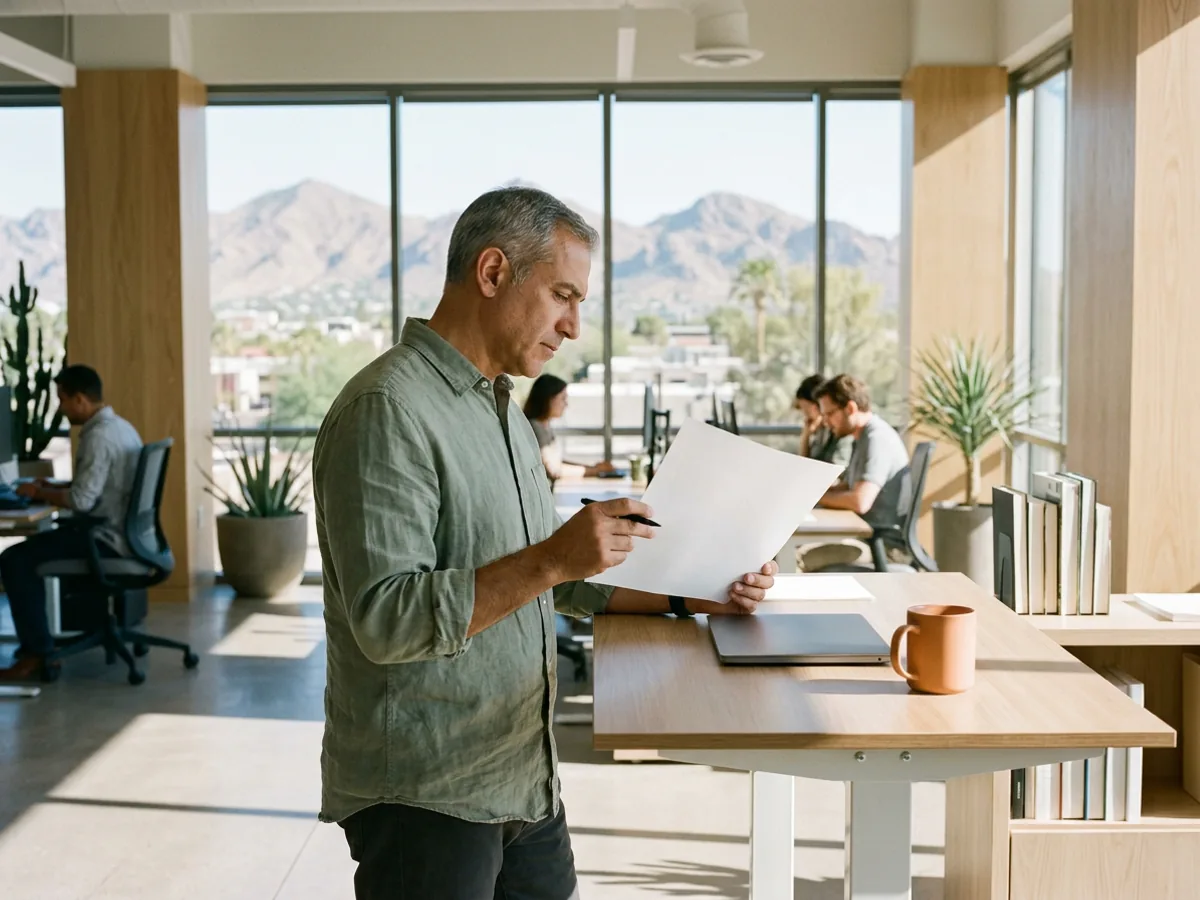 IT director in a sage-green linen shirt reads a blank page at a standing desk in a downtown Phoenix office, orange mug beside his laptop, desert mountains through the windows