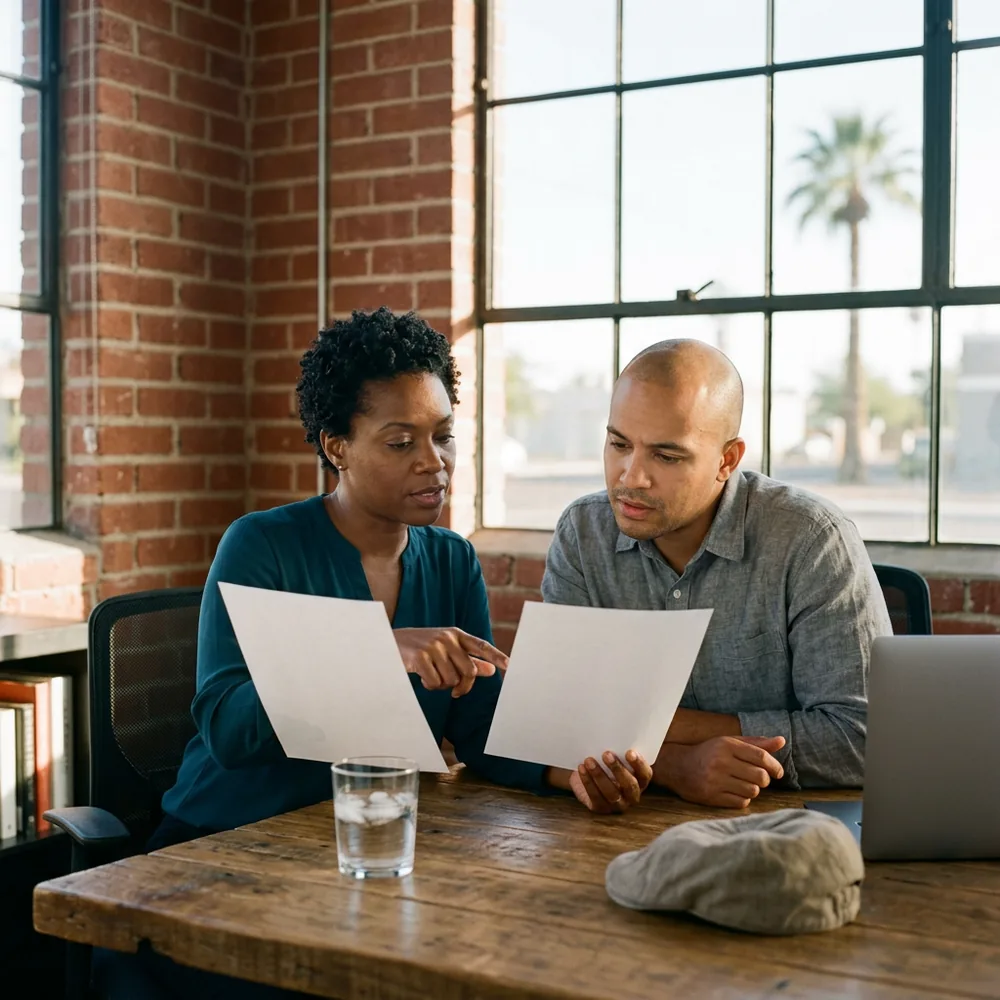 Payroll manager in a deep teal blouse points at a blank printed page while an IT manager in a grey linen shirt leans in to read, at a reclaimed wood table in a brick warehouse office near Roosevelt Row