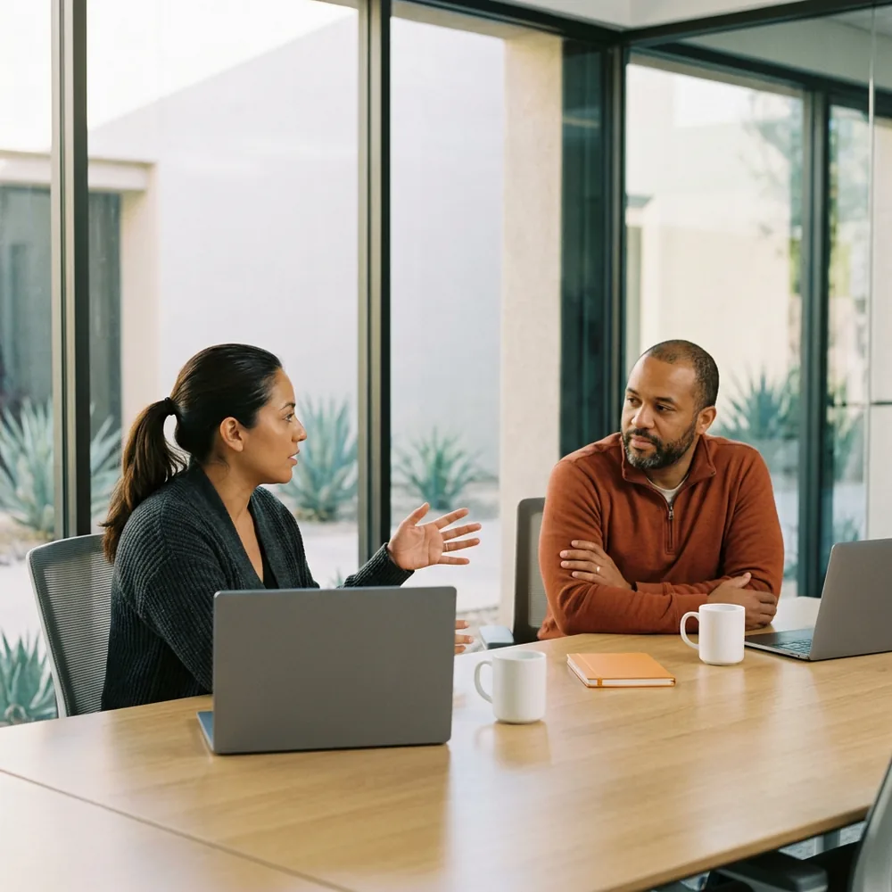 Contract software engineer in a charcoal cardigan explains a point to her engineering manager in a rust-orange pullover across an oak table in a glass meeting room in Scottsdale