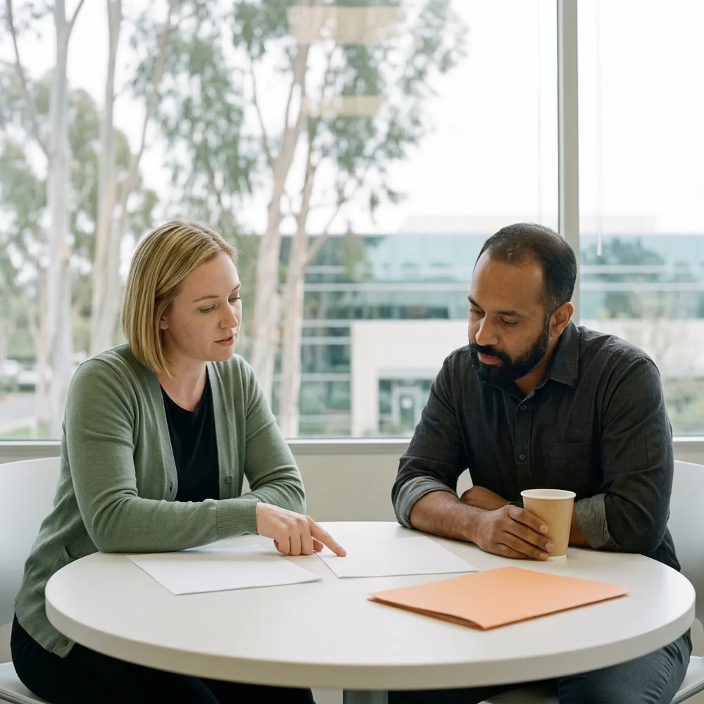 HR payroll lead in a sage green cardigan points to one of two blank printed pages for an IT manager in a charcoal shirt at a round table in a Sorrento Valley office kitchenette, eucalyptus trees outside the window