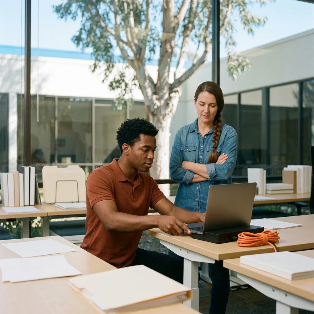 Contract help desk technician in a rust-colored polo seats a laptop in a docking station at a sunlit open-plan Carlsbad office while an employee in a denim shirt watches, a eucalyptus tree outside the glass wall behind them