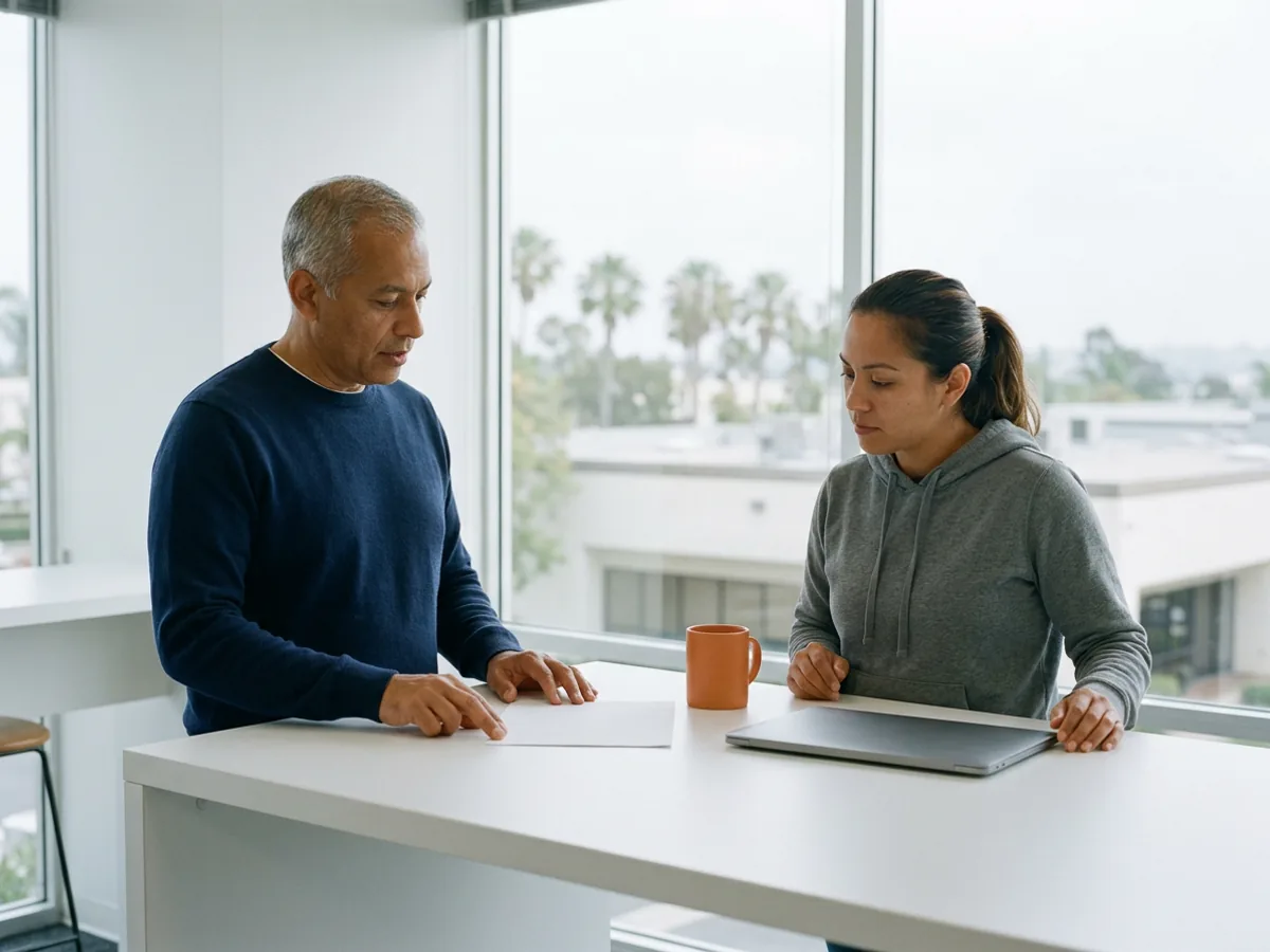 IT manager in a navy sweater and a contract systems administrator in a grey hoodie read a blank printed page at a high table in a bright Kearny Mesa office, orange mug beside them, palm trees and a low marine layer sky through the windows