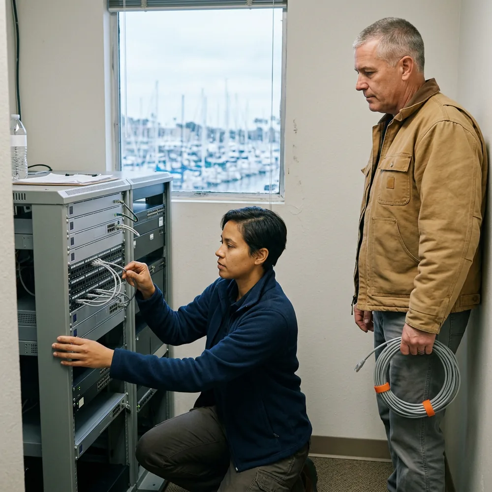 Contract network engineer in a navy fleece crouches at an open rack in a small server closet while a facilities lead in a tan work jacket holds a coil of grey cable, a window behind them shows sailboat masts in a Point Loma marina