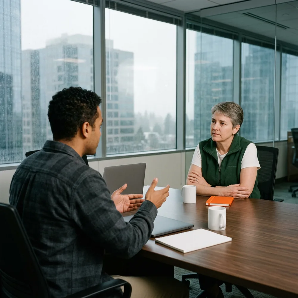 Contract software engineer in a charcoal flannel overshirt explains a point to his engineering manager in a green fleece vest across a walnut table in a glass meeting room in downtown Bellevue