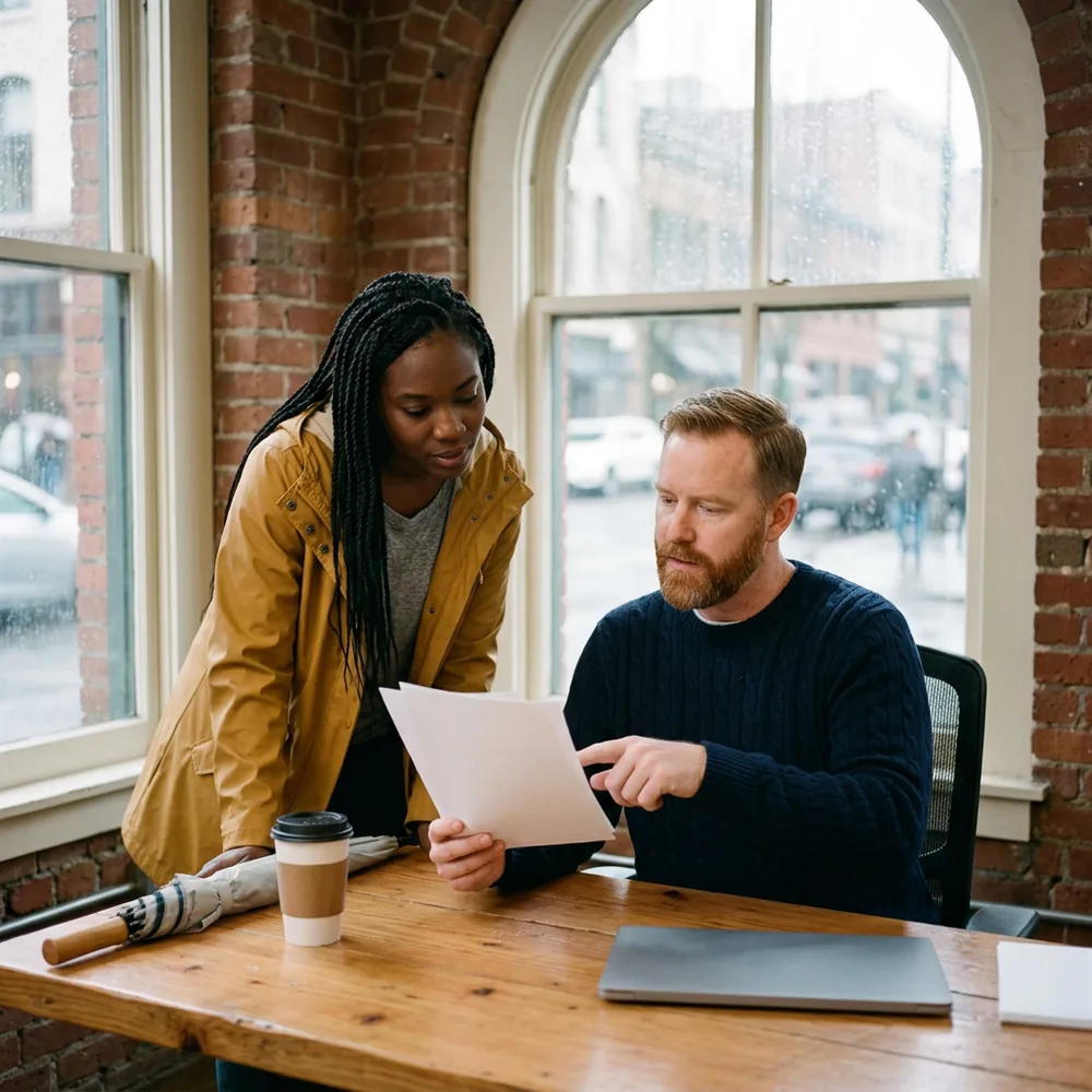 Payroll manager in a navy cable-knit sweater points at a blank printed page while an IT manager in an open mustard rain jacket leans in to read, at a fir table in a brick Pioneer Square office