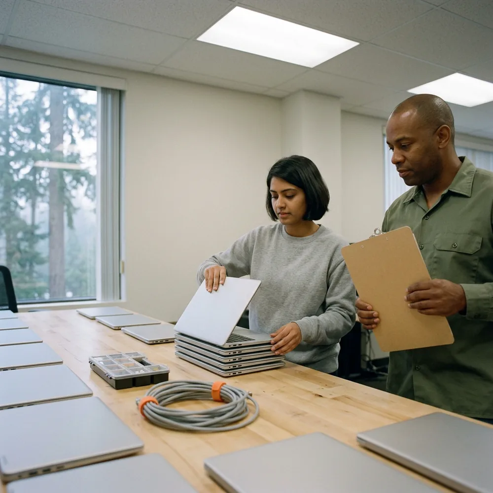 Contract help desk technician in a grey sweatshirt stacks closed laptops on a maple build bench while the desktop support lead in an olive shirt holds a clipboard, fir trees in mist outside a Redmond office