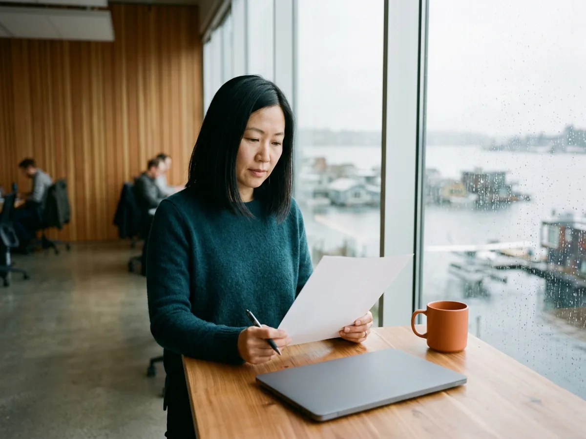 IT director in a dark teal sweater reads a blank page at a cedar standing desk in a South Lake Union office, orange mug beside her laptop, rain on the windows over Lake Union