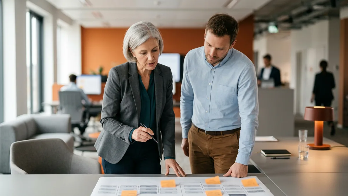 Finance executive and IT lead reviewing a printed IT department org chart with orange sticky notes on a conference table