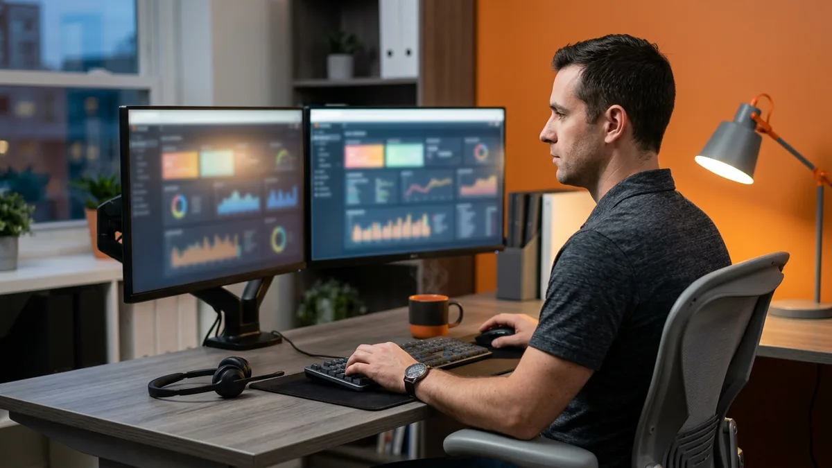 Systems administrator at a two-monitor desk monitoring dashboards, the permanent systems owner seat in a mid-market IT department