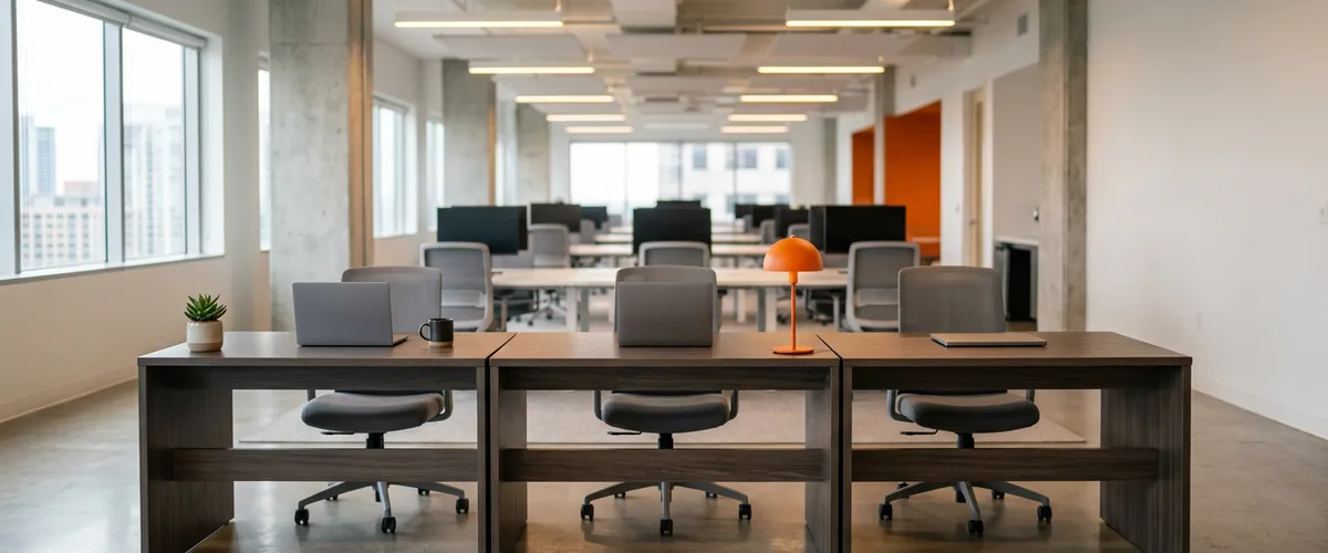 Three desks in a row in an open office, one fully set up, one with a lamp, one bare, representing permanent, fractional and contract IT seats