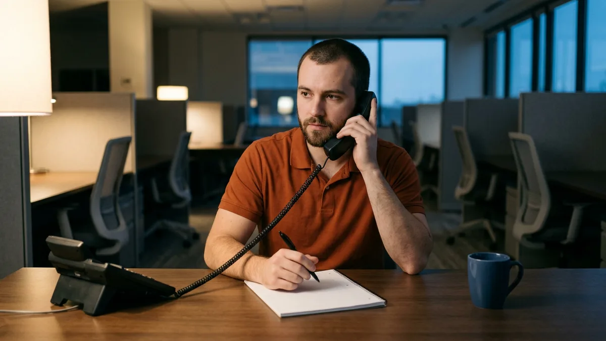Help desk technician in an orange polo holding a desk phone and a pen over a notepad in a dim office at dusk, listening carefully to a caller