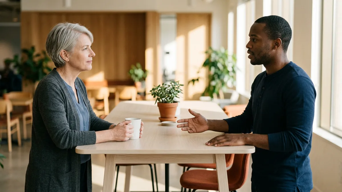 IT manager with silver hair holding a mug while a younger engineer in a navy henley talks across a standing table in a sunny office break area